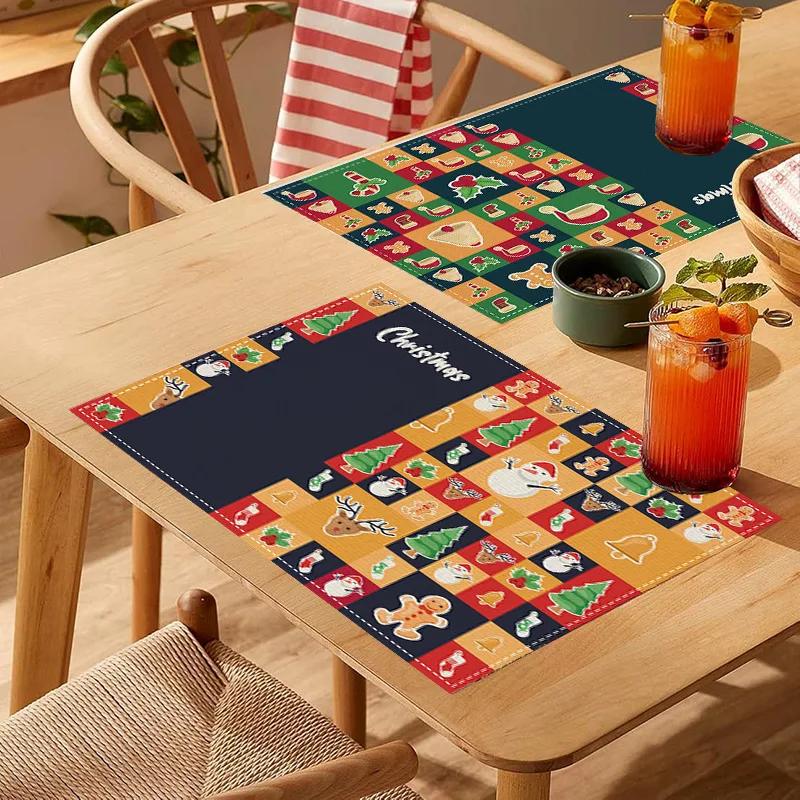 Christmas Plaid Placemat Linen Christmas Tree Snowman Print Table Mat Party Decoration Insulation Mat 30 X 45cm Coaster Placemat