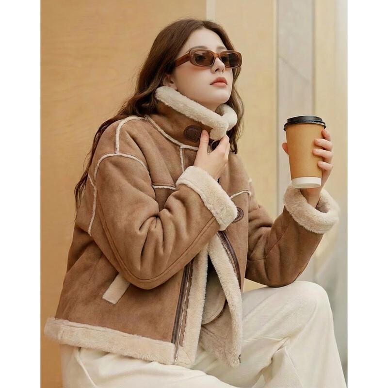 Retro Suede & Faux Shearling Patchwork Winter Jacket M