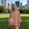 Women Shirt Lapel Buttons Half Placket Batwing Long Sleeve Shirt Tops Loose Fit A-Line Dandelion Print Casual