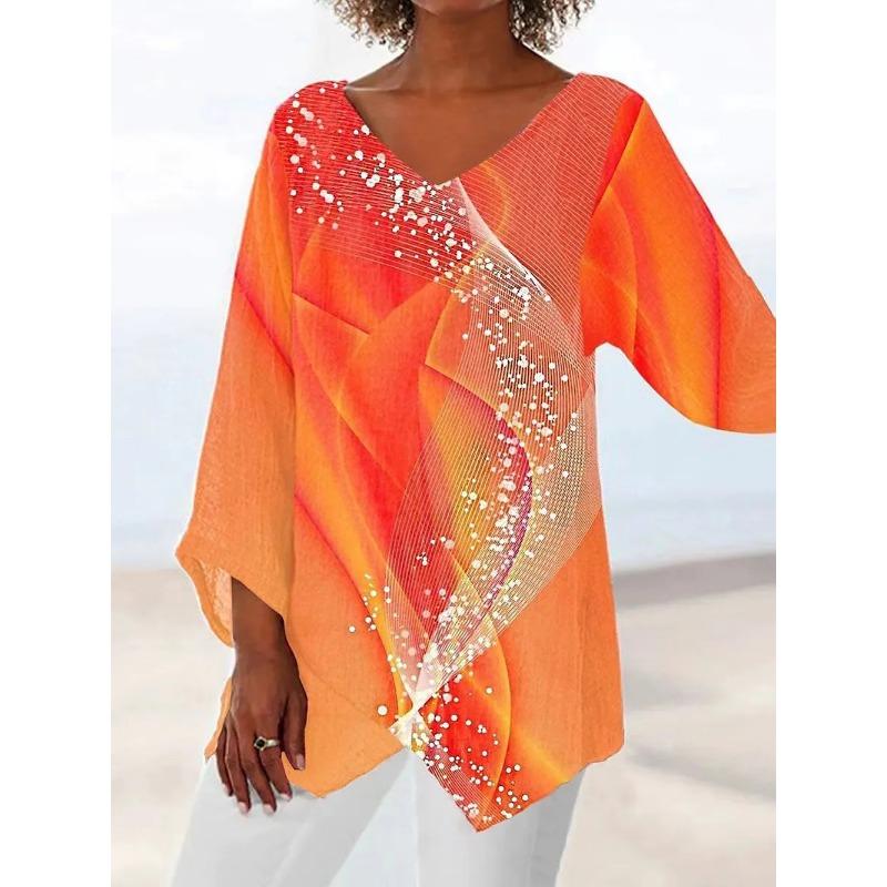 Spring Summer V-neck Printing Fashion Women Blouse New Casual Loose Irregular Top T-shirt Large Size Simple Elegant Office Shirt Women's Clothing