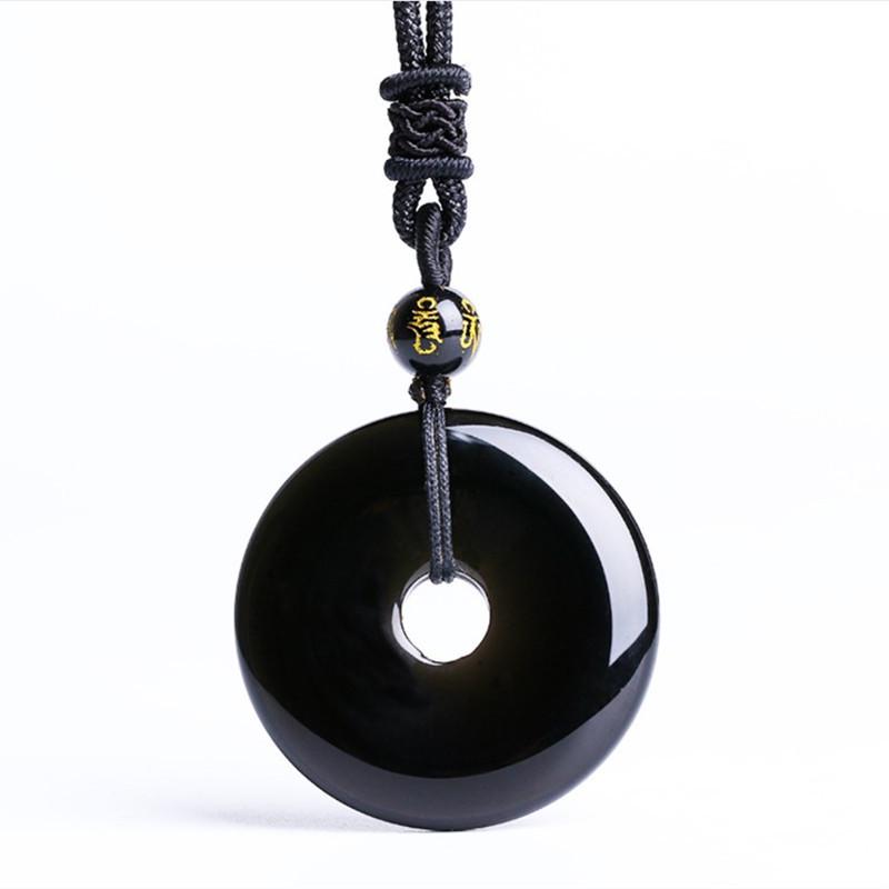 Unisex Natural Obsidian Ping An Kou Pendant Necklace with Jade Ring