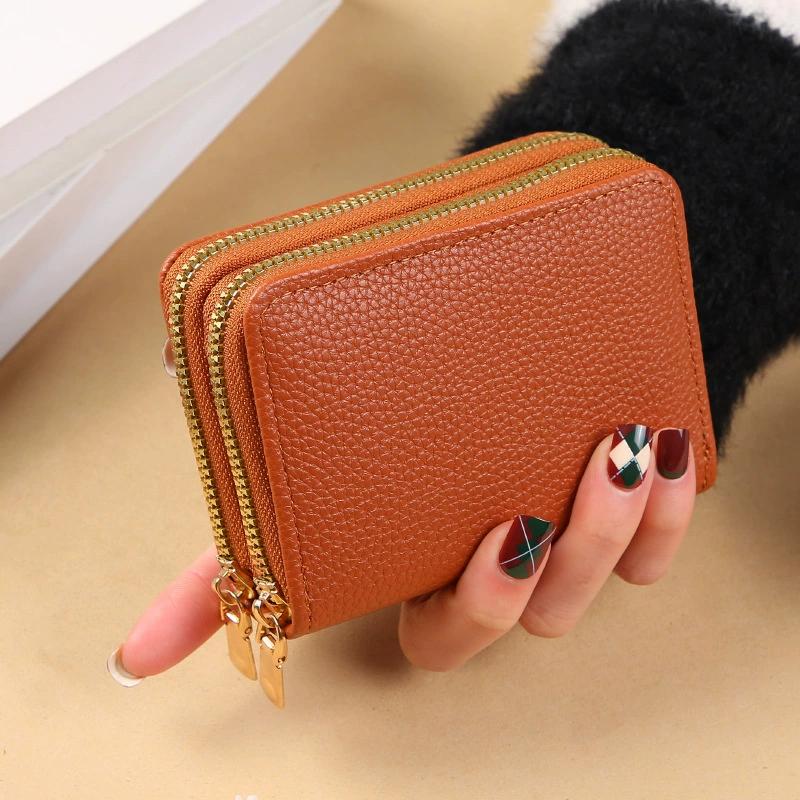 Rfid Card Holder Double Zipper Women Wallet Pu Leather Organ Card Bag Purse Large Capacity Multi-Solt Bank Card Cover Business Card Clip With Window