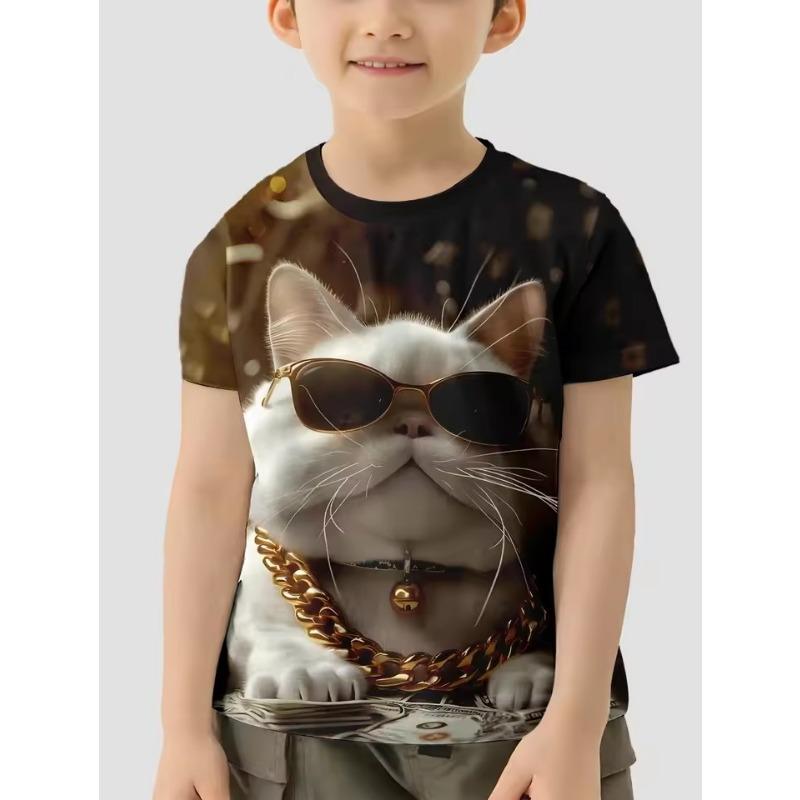 Barnkläder Flicka Pojkar T-shirt Kortärmad T-shirt för barn Sommarkläder för barn 3D Katttryck Tecknad Fritidskläder Barnkläder