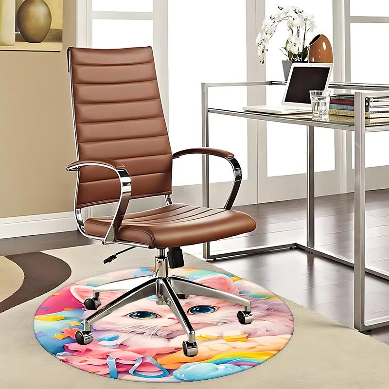 1pc Anime Design Round Carpet Cute Cat with Bow Tie Chair Mat, Non Slip Rug for Office & Home Decor