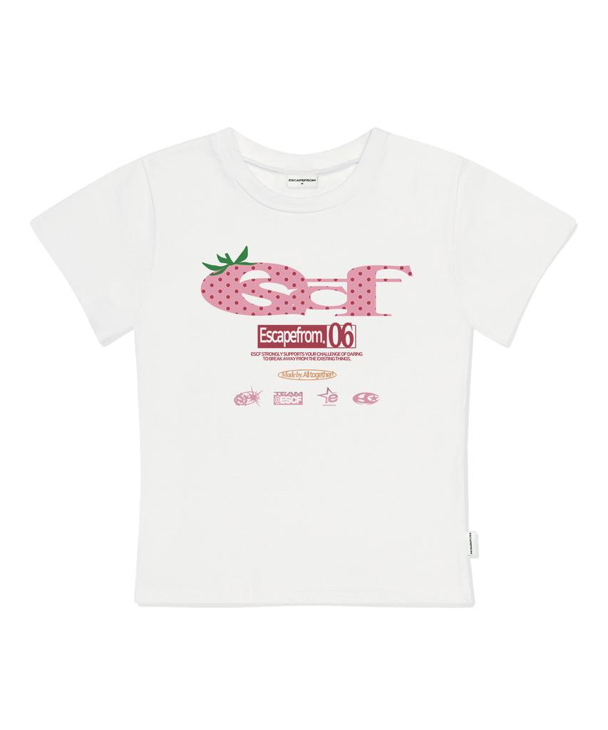 ESCAPEFROM Strawberry Dot Escf Logo Collage Print Slim Fit Short Sleeve T-Shirt Ivory