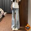 Light Blue Plush High-Waisted Micro-Flare Jeans for Women - 2025 Spring/Autumn Loose Fit Floor-Length Bell Bottoms