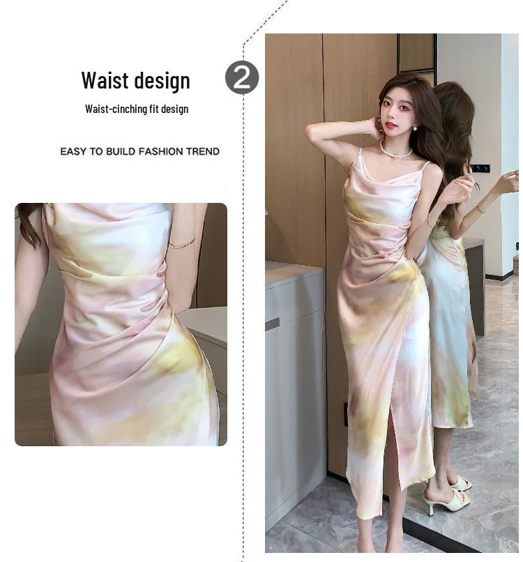 In-Stock French Cowl Neck Satin Print Spaghetti Strap Summer Dress