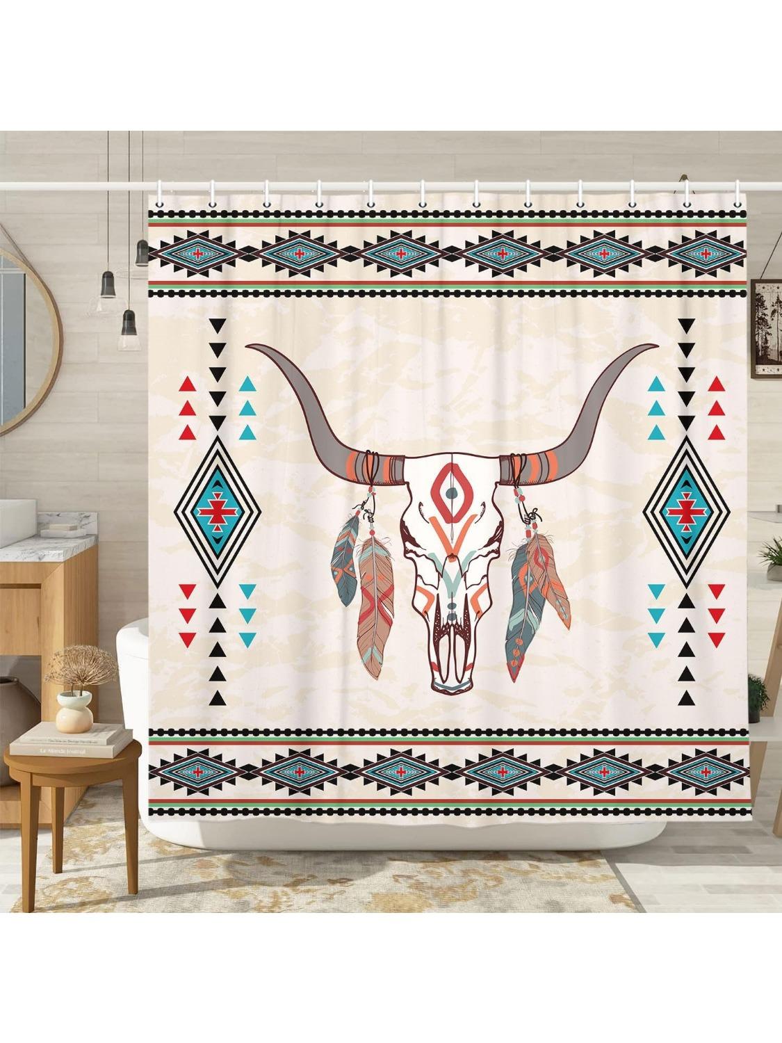 Western Boho Shower Curtain Bull Skull Aztec Native American Tribal Southwestern Shower Curtains Set Cattle Feathers Geometry 90x180CM