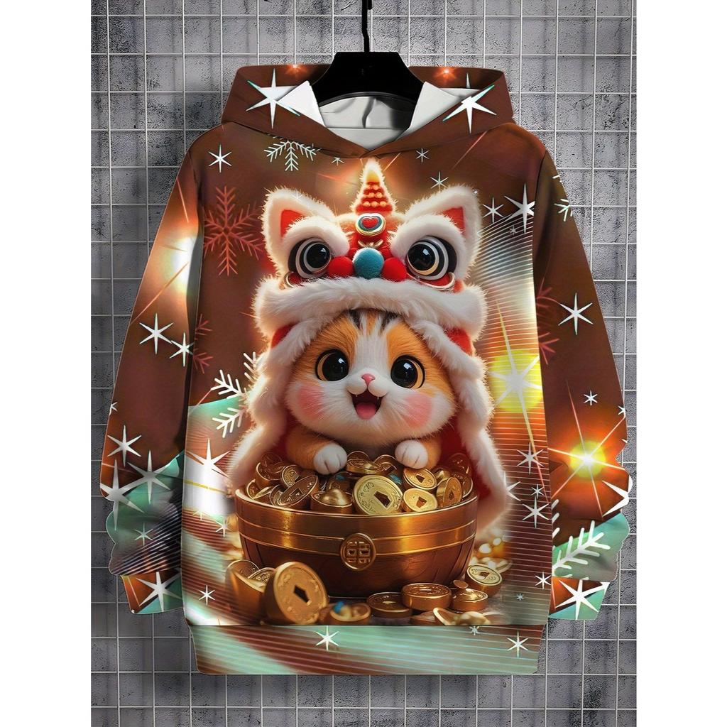 Boys' 3D digital printed lion cat hooded sweatshirt, snowflake star holiday design, casual pullover, children's gift