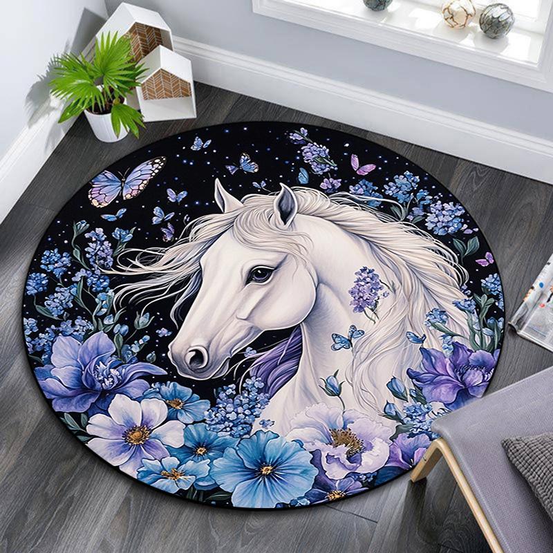 White Horse Round Area Rug,Carpet Rug for Living Room Bedroom Sofa Playroom Decor,Non-slip Floor Mat