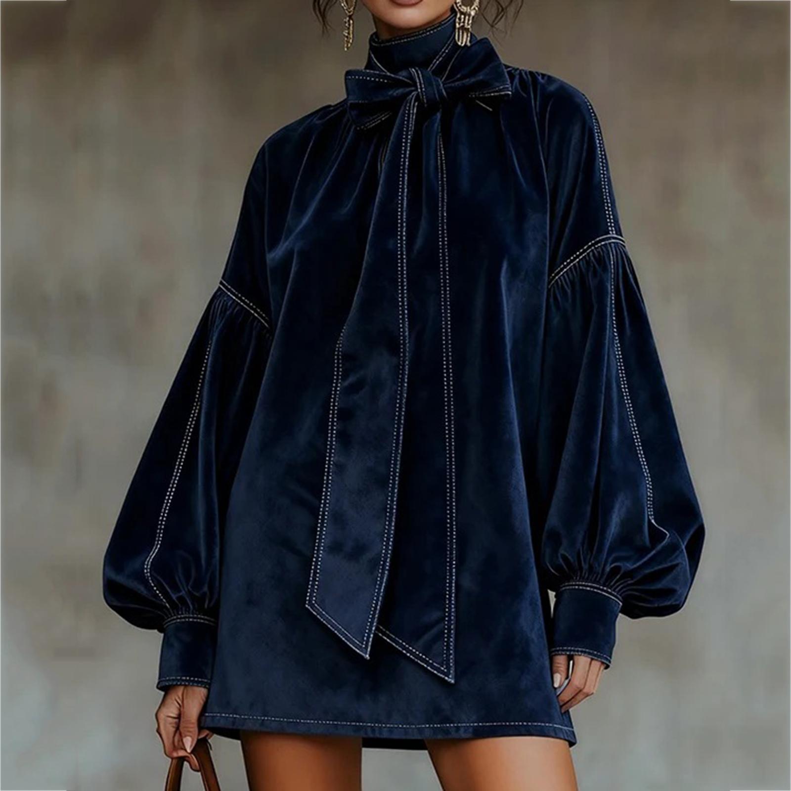 Женское модное повседневное бархатное платье с длинными рукавами и бантом XL