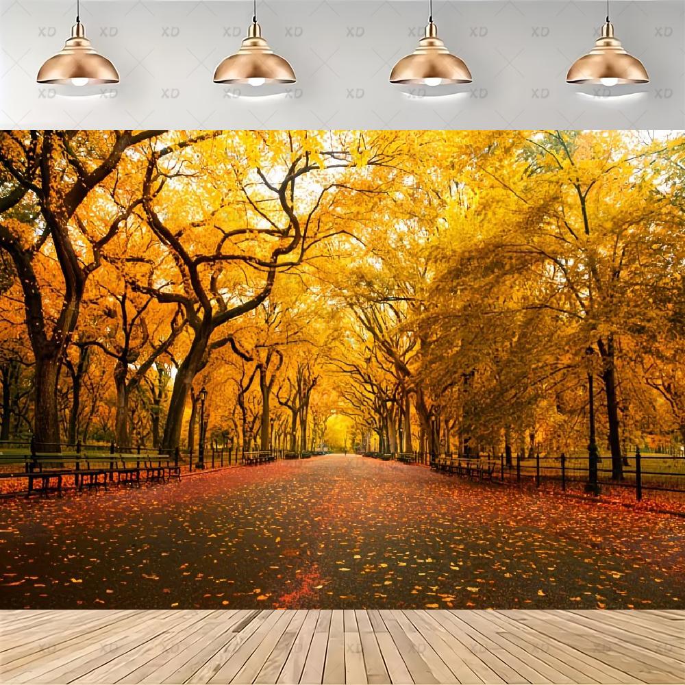 Rustic photographic backdrop: Maple forest, orange autumn leaves, pumpkin banner, for baby shower decorations4920