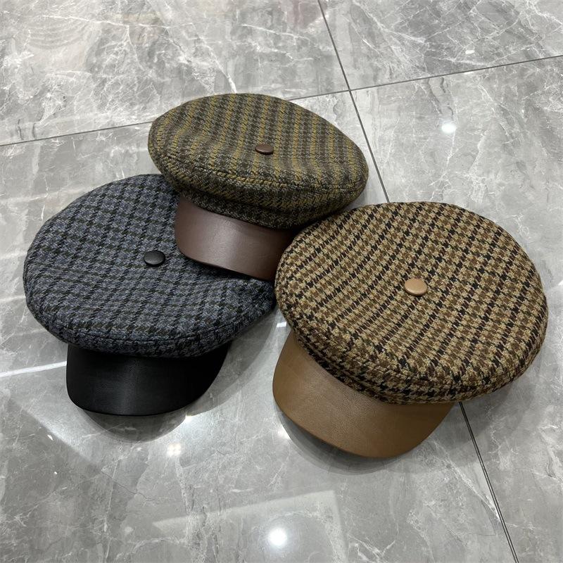 Woolen herringbone leather brim newsboy hat women's autumn and winter new British retro thermal celebrity style cap