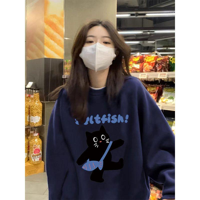 

Extra Large/150.00kg Women clothes Cartoon round Neck Hoodie Women s Chubby Girl Loose plus Size Pullover Top Clothes Dark Blue 4XL