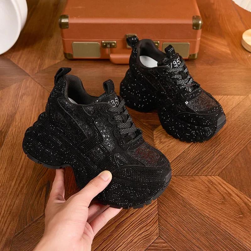 Fashion Top quality 8CM Air Mesh Synthetic Platform Wedge Casual Autumn Chunky Sneaker Bling Bling Leather Comfy High Brand Spring Shoes