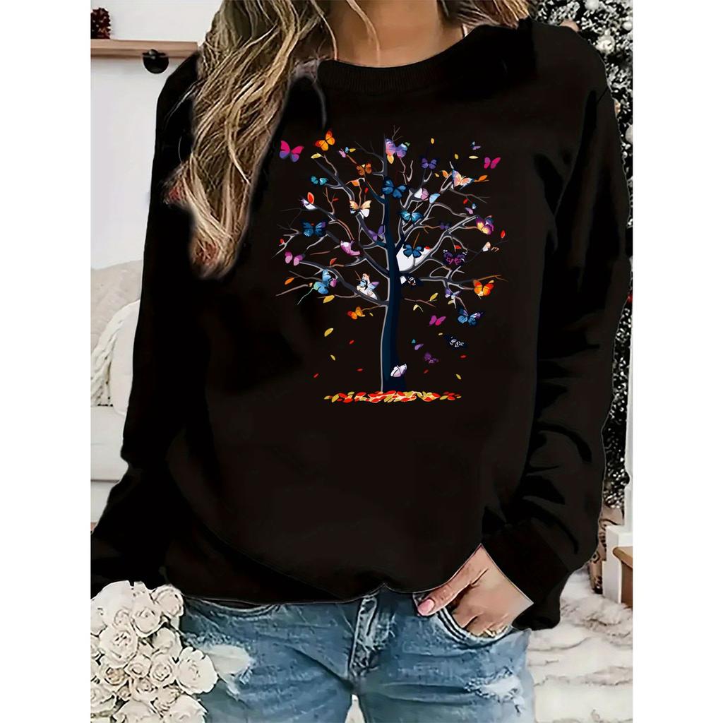 Women's autumn and winter casual loose and comfortable warm butterfly tree printed round neck long sleeved pullover sweater