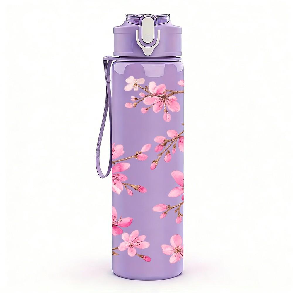 1PC Pink Cherry Blossom Floral Print 750ml Color Plastic Sports Water Bottle Leakproof Flip Straw Lid Suitable for Sports Office Home Use