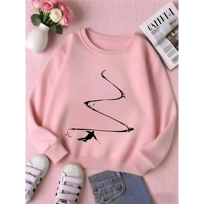 Kids Crewneck Sweatshirt, Dynamic Curved Skiing Silhouette Print, Soft Comfy Pullover