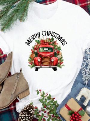 (Asian Size) Tee New Year Holiday Merry Christmas Top Festival Casual Letter Truck Printing Women Print Lady Short Sleeve Fashion Graphic T-shirts