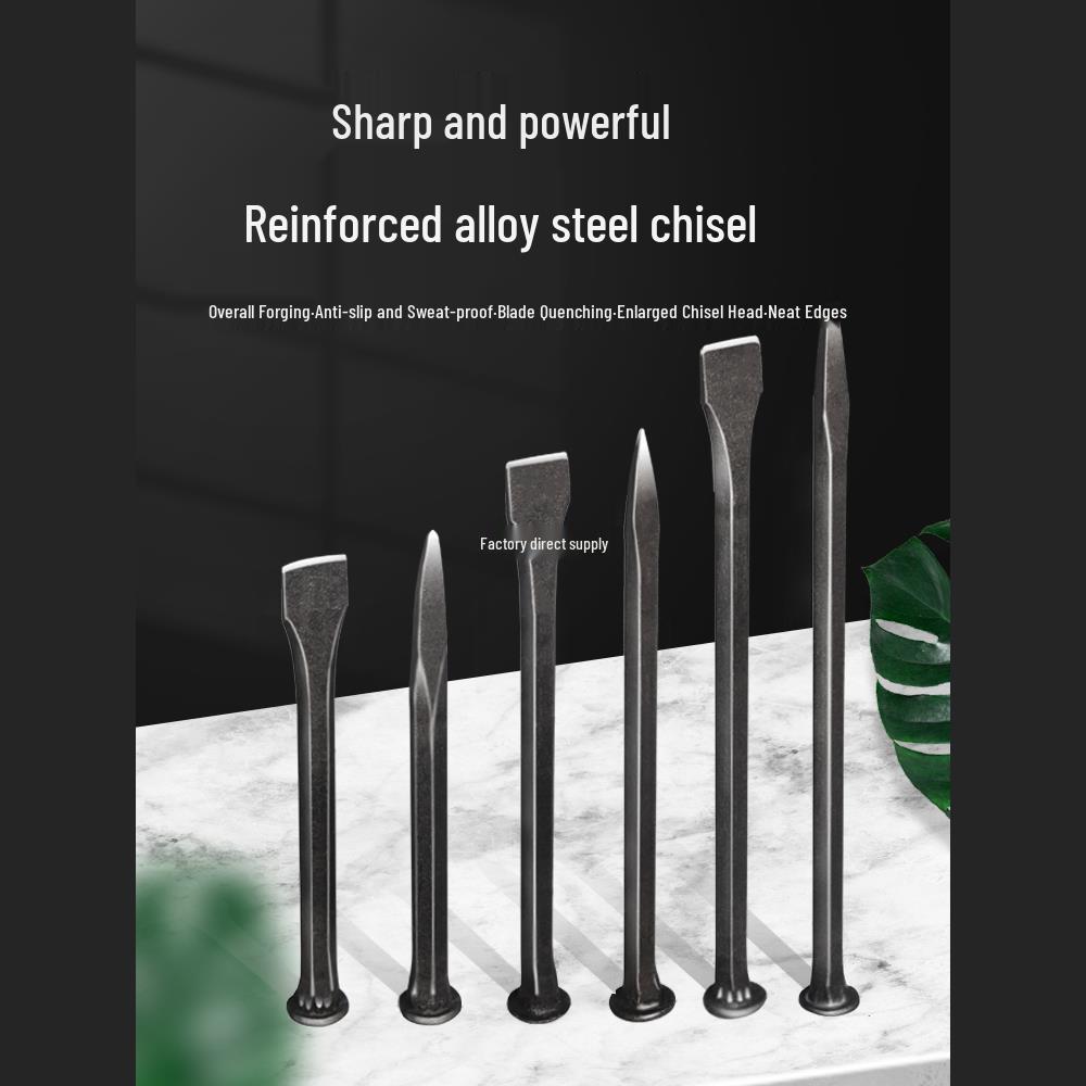 Masonry Carbon Steel Chisel Set: Flat & Pointed Chisels for Cement and Stonework with Alloy Tips & Stonemason Hammer.