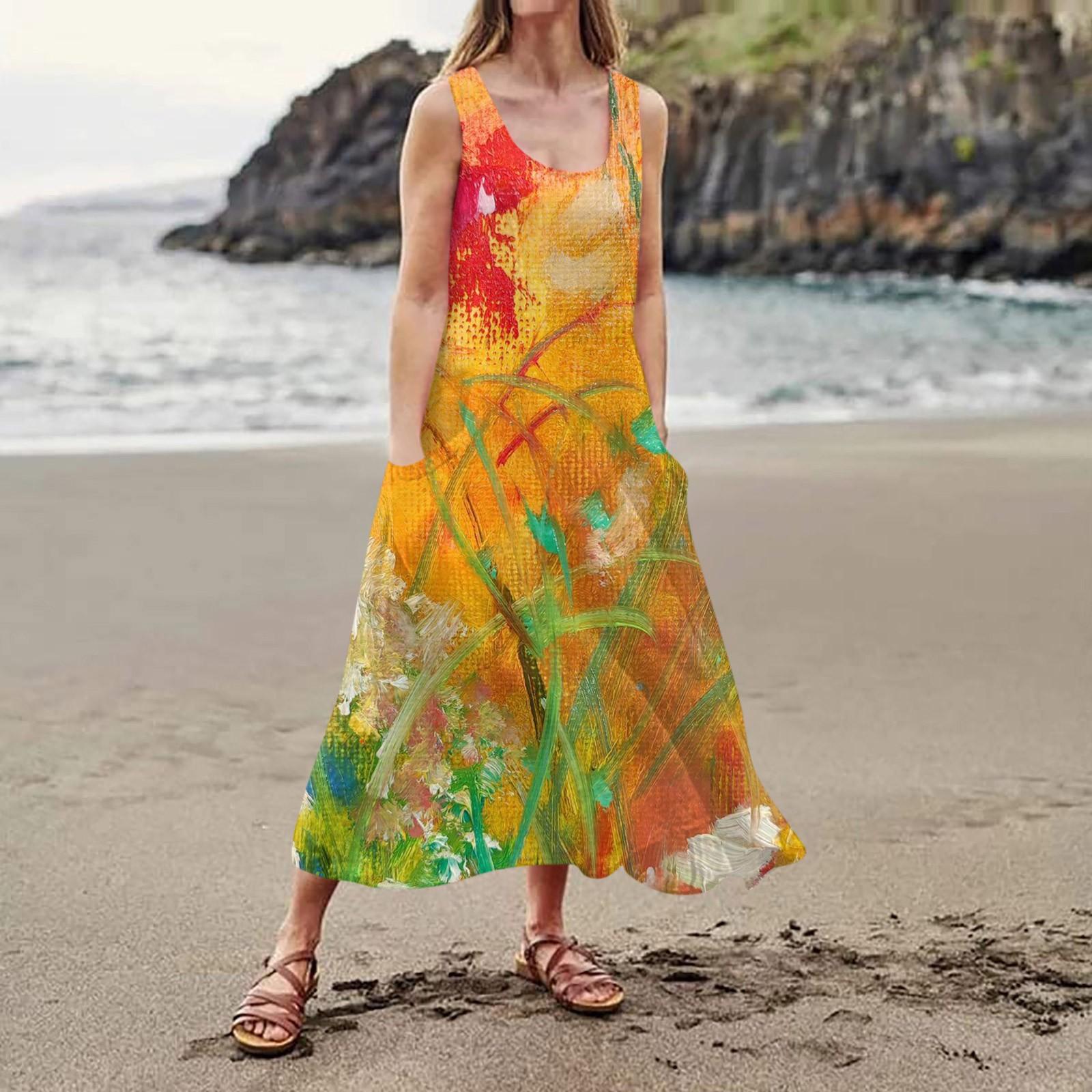 

Женское повседневное удобное хлопковое карманное платье без рукавов с цветочным принтом XL оранжевый