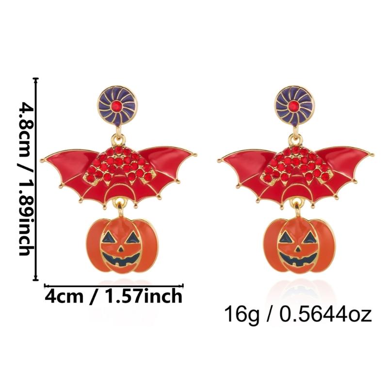 Halloween Party Earrings, Stud Top Drop Pair with Enamel Style Finish for Photo Looks, Fall Gatherings, and Dress Up
