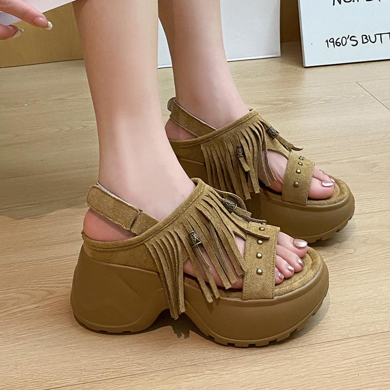 Fashion Bohemia Metal Rivet Decoration Fringe Suede Sandals Women 2025 Summer Chunky Platform Wedge Heel Sandals Casual Back Strap Shoes