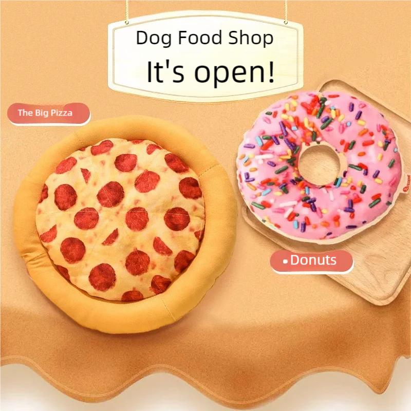 Plysch Hundleksak Donut Pizza Form Husdjur Pipiga Leksaker för Små Stora Hundar Rengöring Tänder Valp Tugga Ljudleksak Husdjurstillbehör