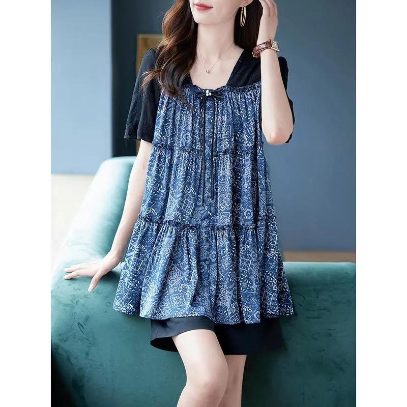 Women's Summer Design Loose Short Sleeve Chiffon Shirt Lace Splicing Slim Top