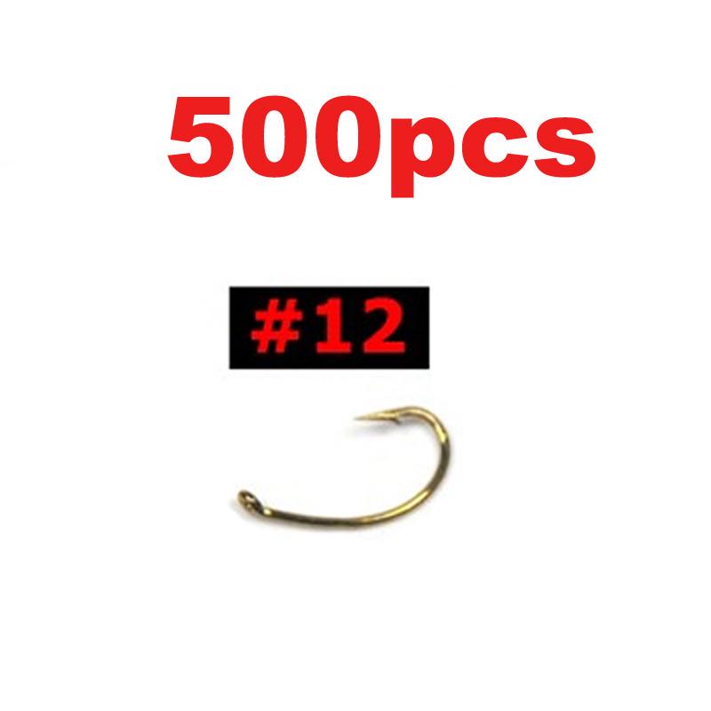 

500 шт. крючок для мух, нимфа, креветка, куколка, личинка, ручейник, рыболовные крючки для привязывания мух #10 #12 #14, Золотая бронза, острые оптовая продажа #12