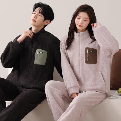 Couple Half Fleece Pajamas Women'S Autumn And Winter Thickened Fleece Warm Coral Fleece Can Be Worn Outside Loungewear Men'S Suit