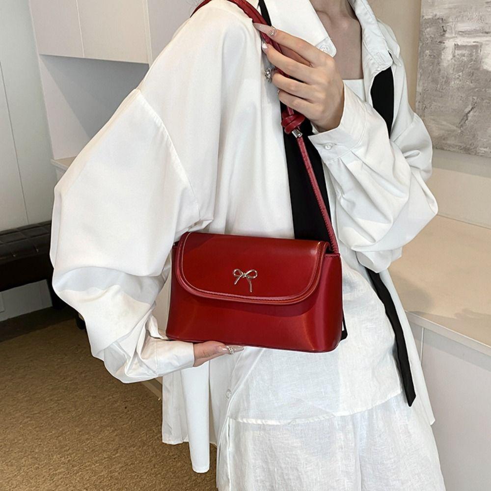 PU Leather Bowknot Underarm Bag Solid Color Y2K Crossbody Bag Fashion Bow Armpit Handbag Women