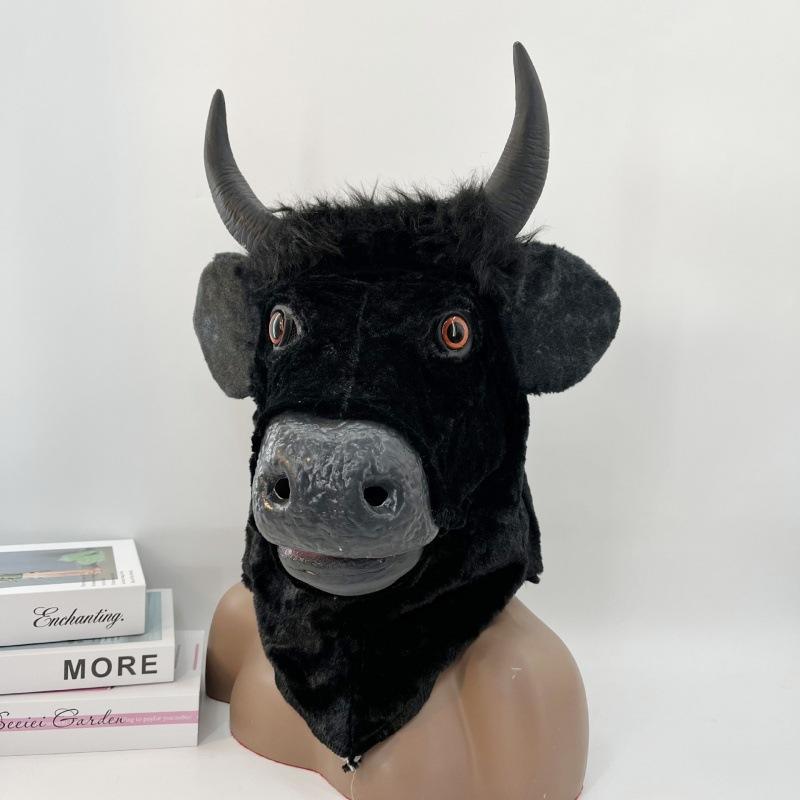 Halloween scary moving mouth bull head mask, demon bull mask, bull horns, skull, animal, black bull headgear, plush