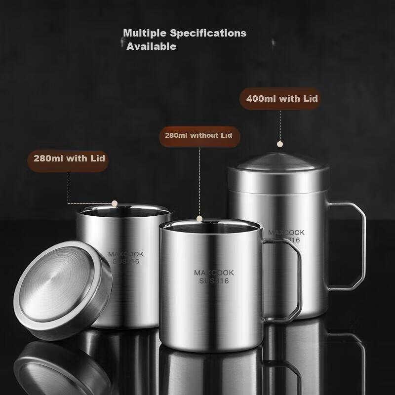 Maxcook 316 Stainless Steel Double-Layer Tea Cup with Lid and Handle for Children and Students 400ml MCB1112