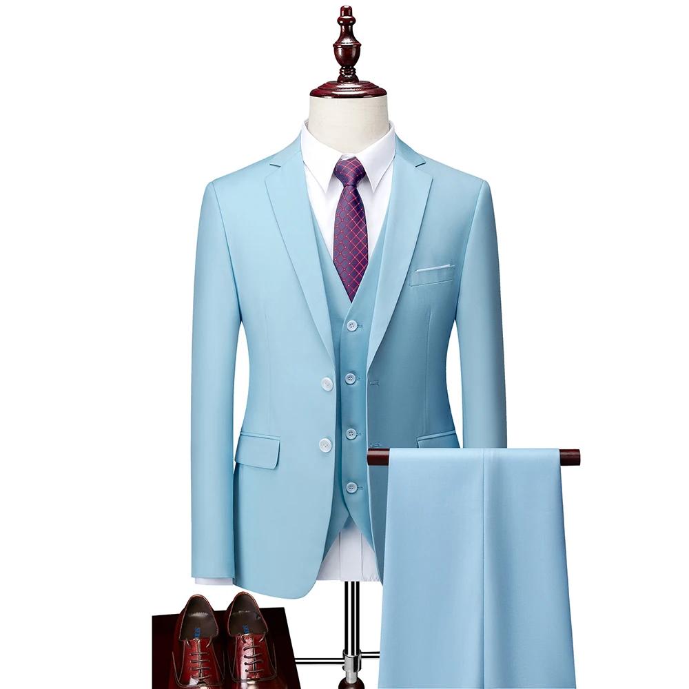 ( Jacket + Vest + Pants ) Boutique Pure Color Mens Business Formal Suit 3Piece Set