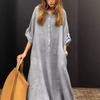 2024 Summer Women's Casual Plus Size Cotton Linen Pocket Shirt Collar Dress