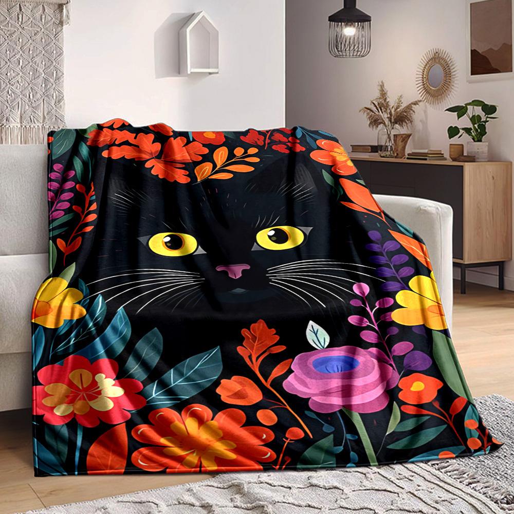 1pc Cat Flowers Lightweight Flannel Blanket, Comfortable and Warm Blanket, for Office and Camping Sofa Bed, Livingroom144