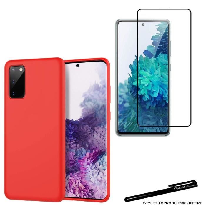 Coque de protection - Toproduits® - Samsung Galaxy S20 FE - Verre trempé - Rouge - Bords noirs