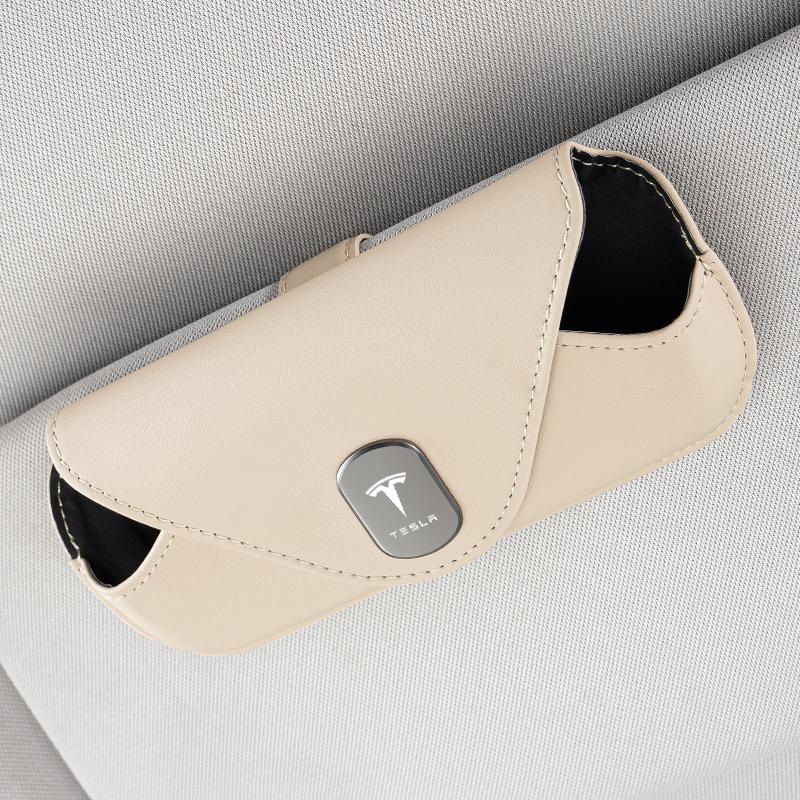 

High Quality Leather Car Sun Visor Glasses Case Box Sunglasses Storage Clip For Tesla Model 3 Model S X Model Y Roadster SpaceX бежевый
