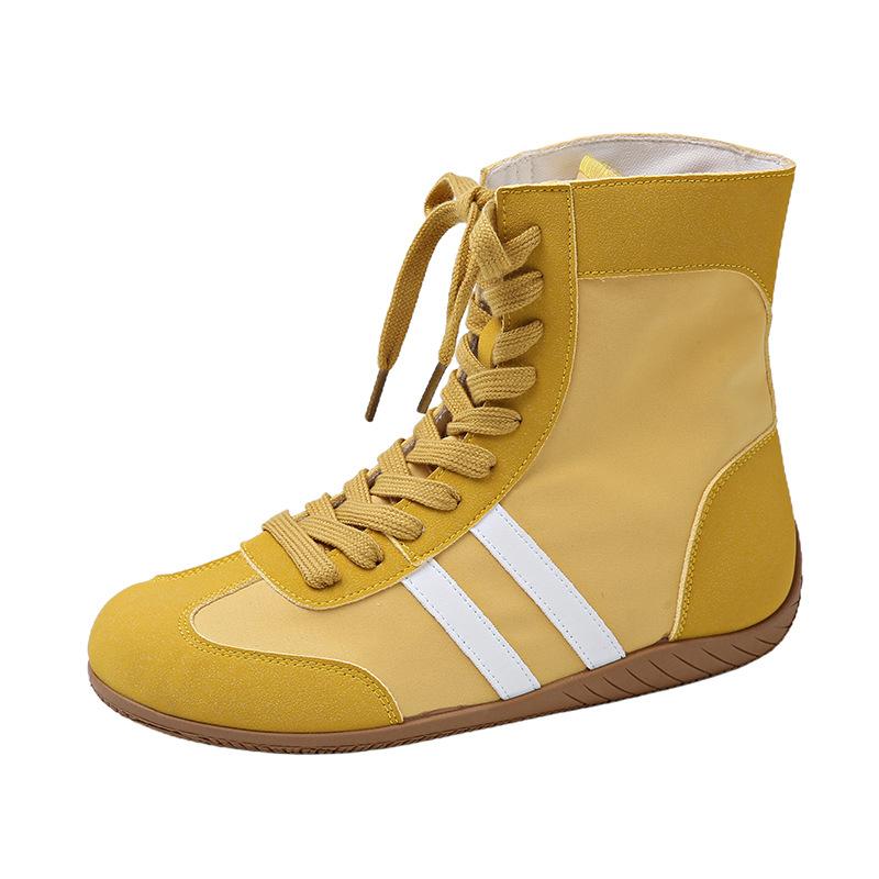 High-top Flat-bottomed Boxing Sneakers for Women's 2025 New Leather Round Head Versatile Casual Shoes Lace-up Martin Boots Tide