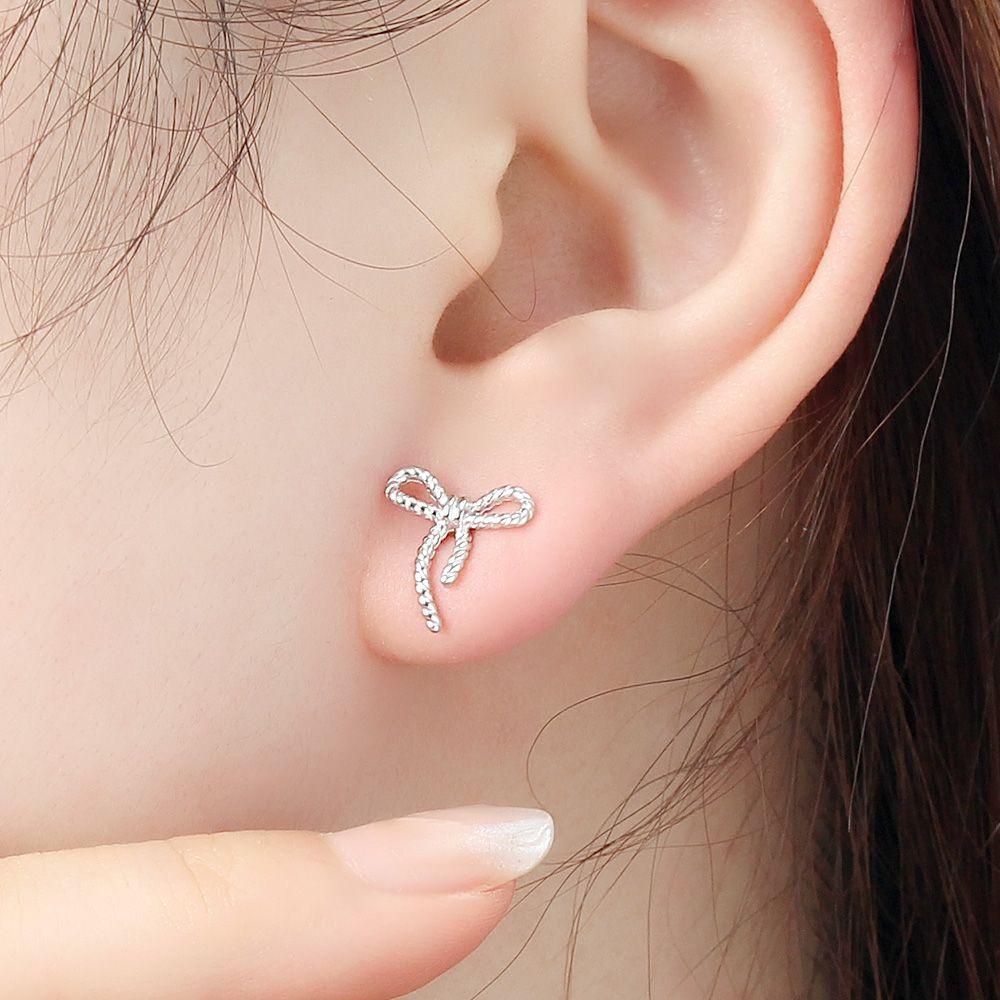 Ribbon Knot Earrings, Silver 925, Platinum-plated, Simple Daily 925 Silver Earrings, Silver 925 Earrings, 925 Silver Earrings