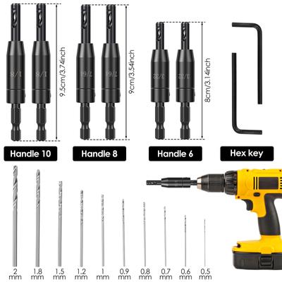 Self Centering Hinge Drill Bit Set with 10 Twist Drill Bits 1/4” Quick Change Hinge Center Drill Bits Hex Key for Woodworking