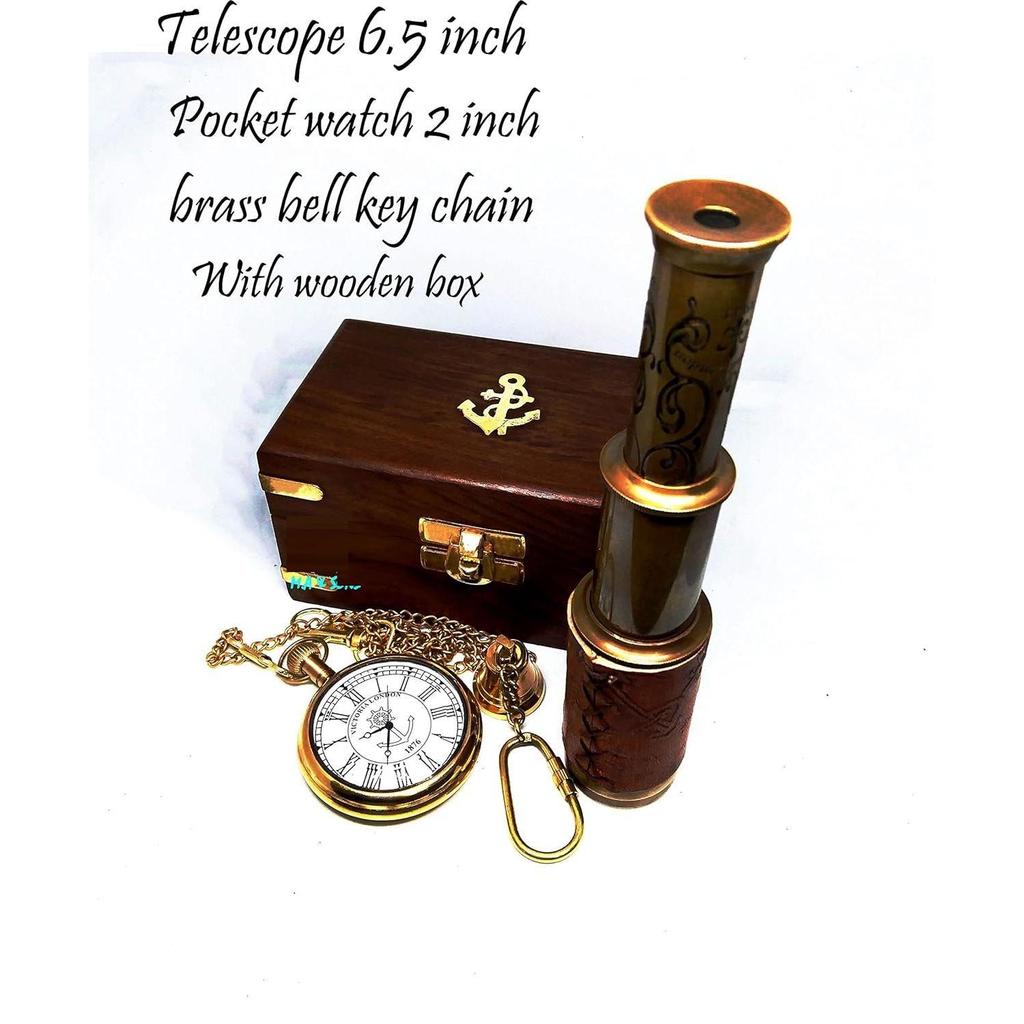 Brass Antique 6.5" Brass Telescope, | 2'' Brass Pocket Watch, | Brass Bell Key Chain