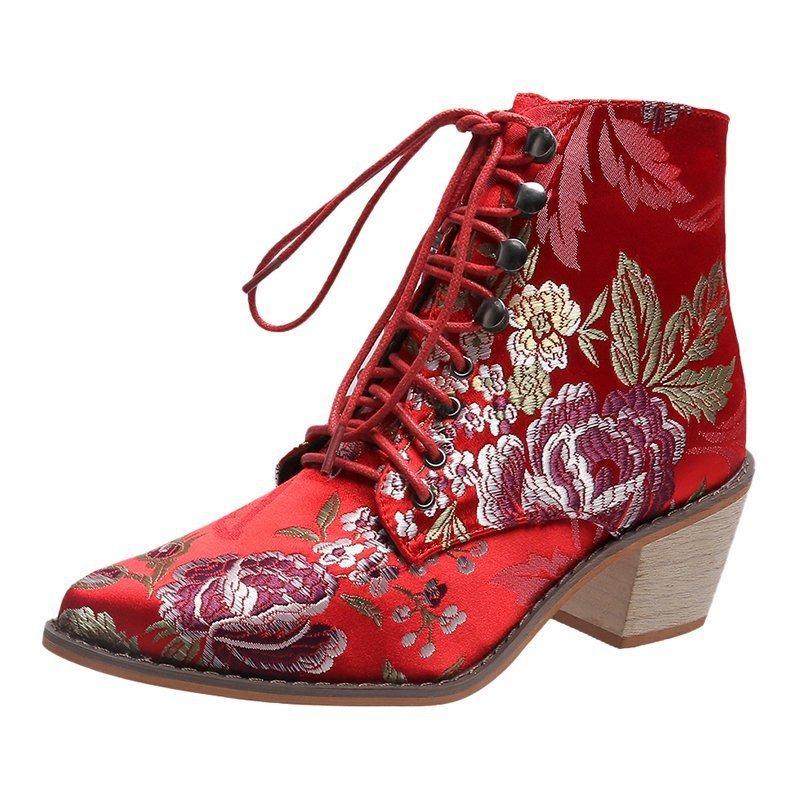 New Thick Heel High Heel Martin Boots Women's Pointed Head Embroidered Lace-up Short Boots