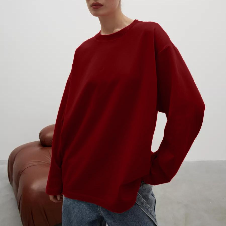 260g Pure Cotton Solid Colour Long Sleeve T-Shirt Women Loose Casual Round Neck Top