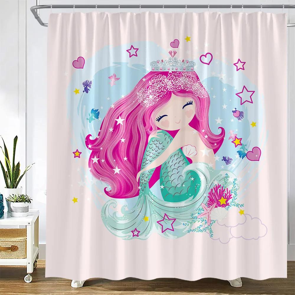 Cute Animals Cartoon Shower Curtains Owl Dog Giraffe Dinosaur Turtle Mermaid Kids Bath Curtain Children Room Bathroom Decor Sets