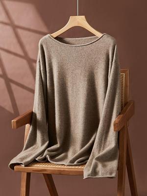 2025 Autumn/Winter Women's One-Shoulder Cashmere Sweater - Rolled Edge, Solid Color, Loose Knitted Long Sleeve Base Layer.