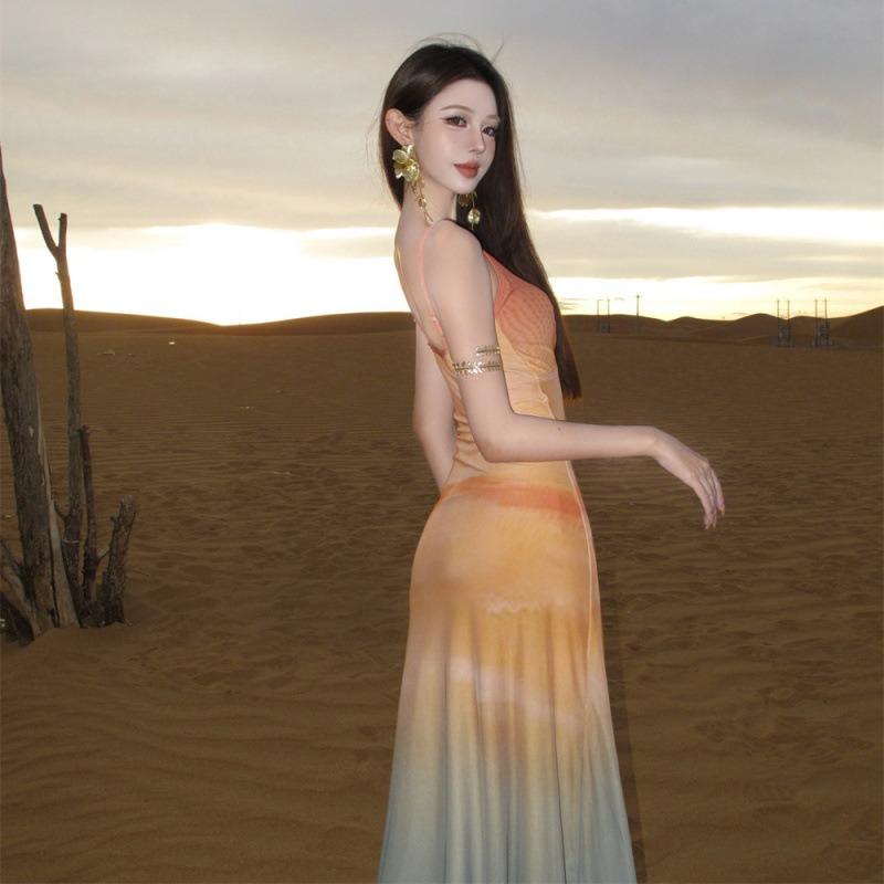 Vietnamese Sexy Babes Summer Wear Seaside Vacation Mesh Printing Suspender Dress Hip Skirt