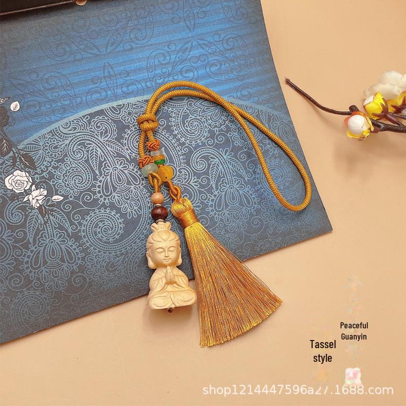 "Boxwood Buddha Guanyin Car Pendant: Creative Rearview Mirror Accessory for Men and Women"