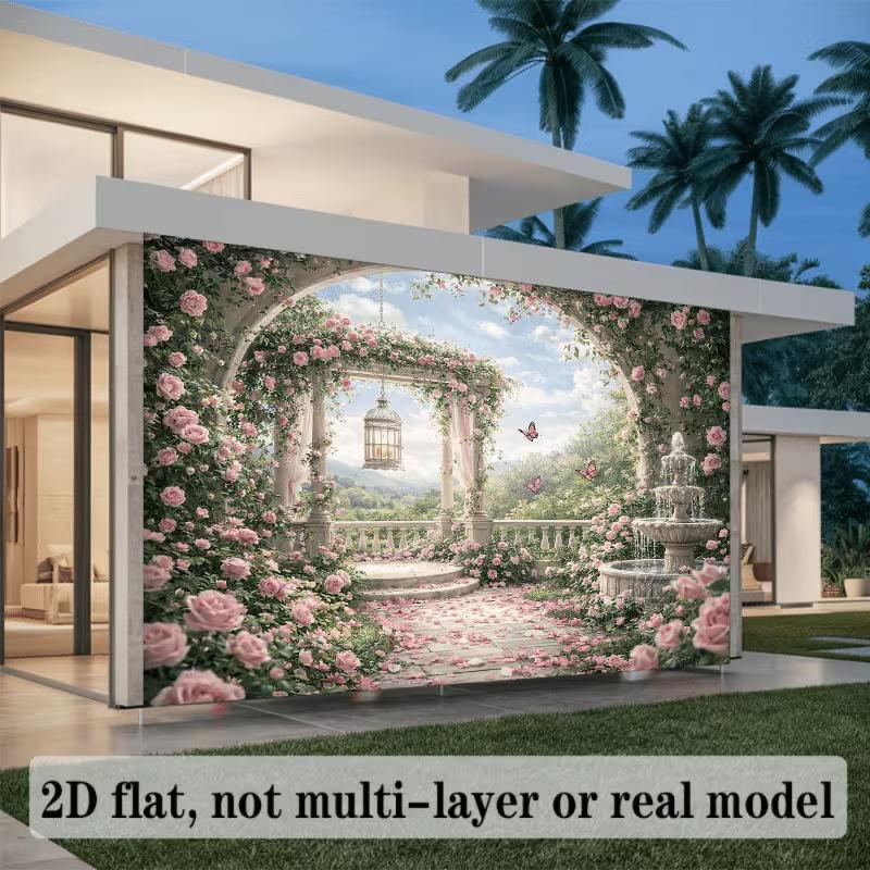 2D Pink Rose Garden Backdrop Romantic Archway Photography Background